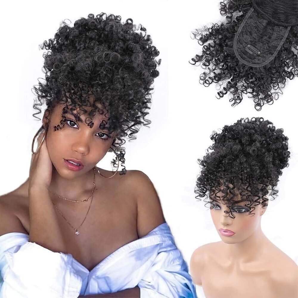 Drawstring Ponytail Afro Puff Extensions Short Curly Bangs Updo for Women